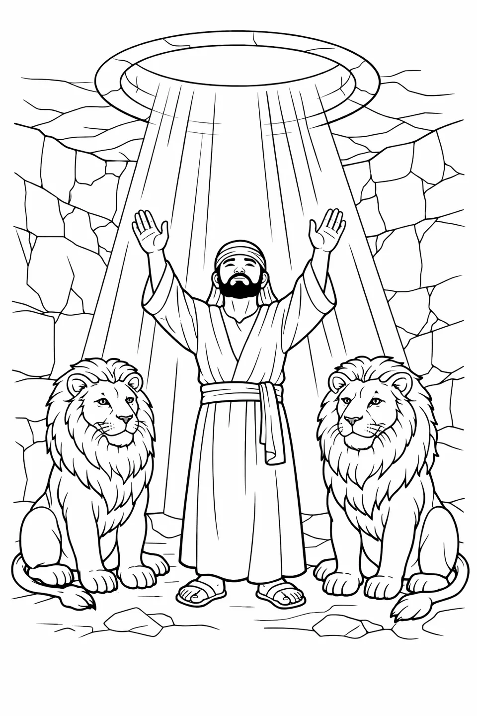 Man with arms raised inside a stone pit with a lion sitting on each side and light coming down from an opening above