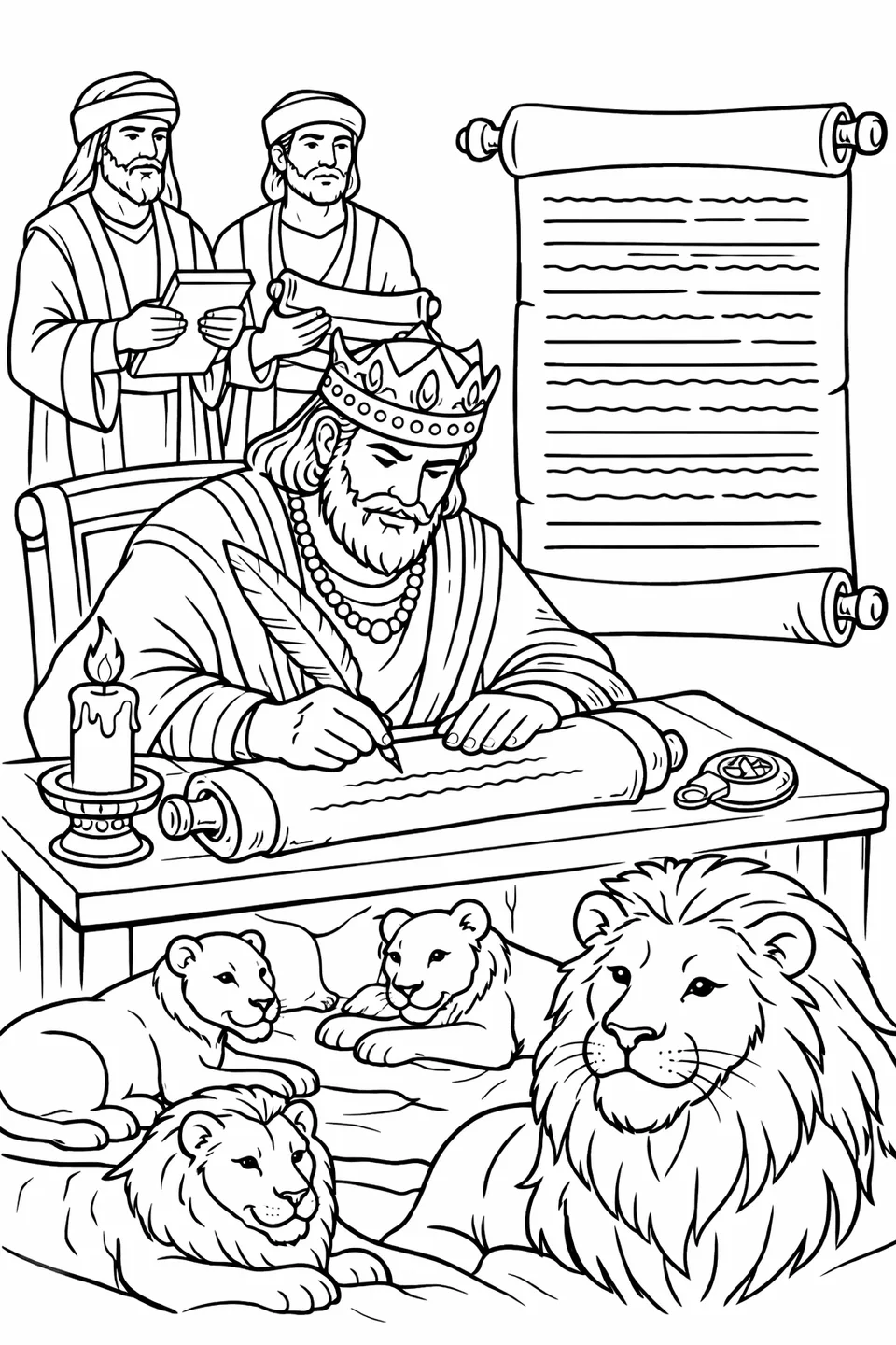 A king sitting at a desk writing on a scroll with a quill, a royal seal and candle beside him and scribes nearby
