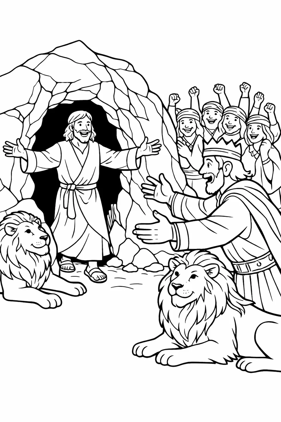 A man walking out of a stone entrance with arms open while a king reaches toward him and a crowd cheers behind