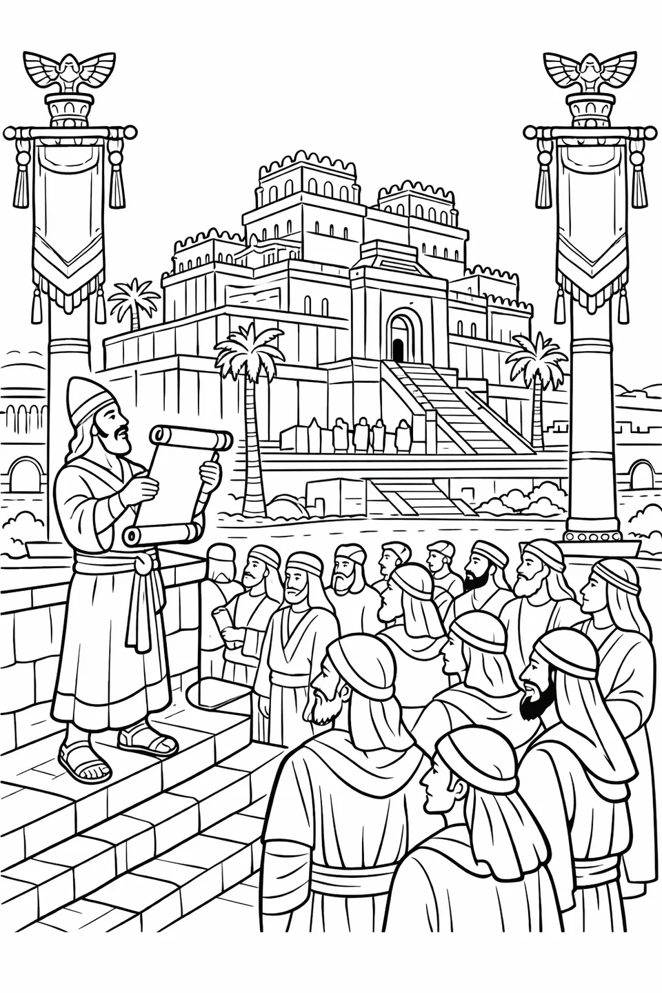 A herald on palace steps reading a scroll aloud to a crowd of robed people with tall columns and banners in the background