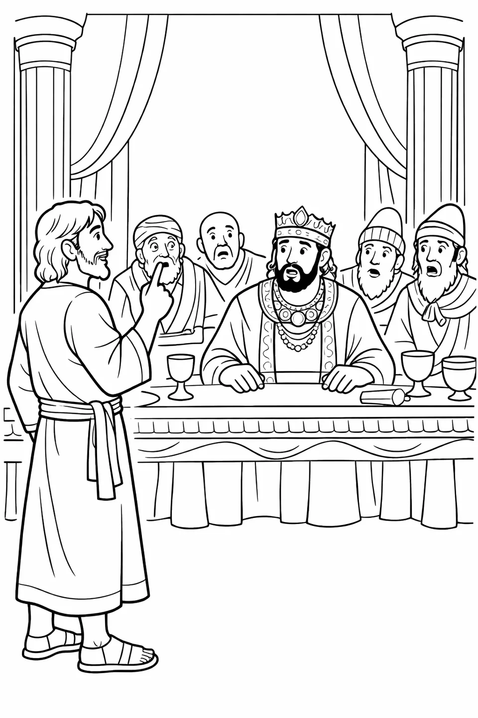 A man standing before a king and seated officials at a long table with one hand pointed upward in a palace hall