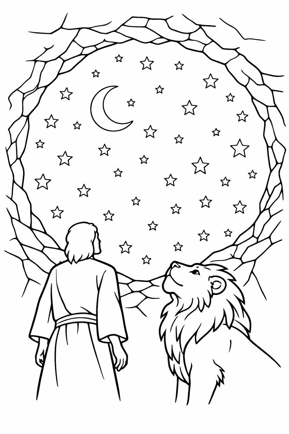 View looking up through a circular pit opening at a starry night sky with two silhouettes visible at the bottom