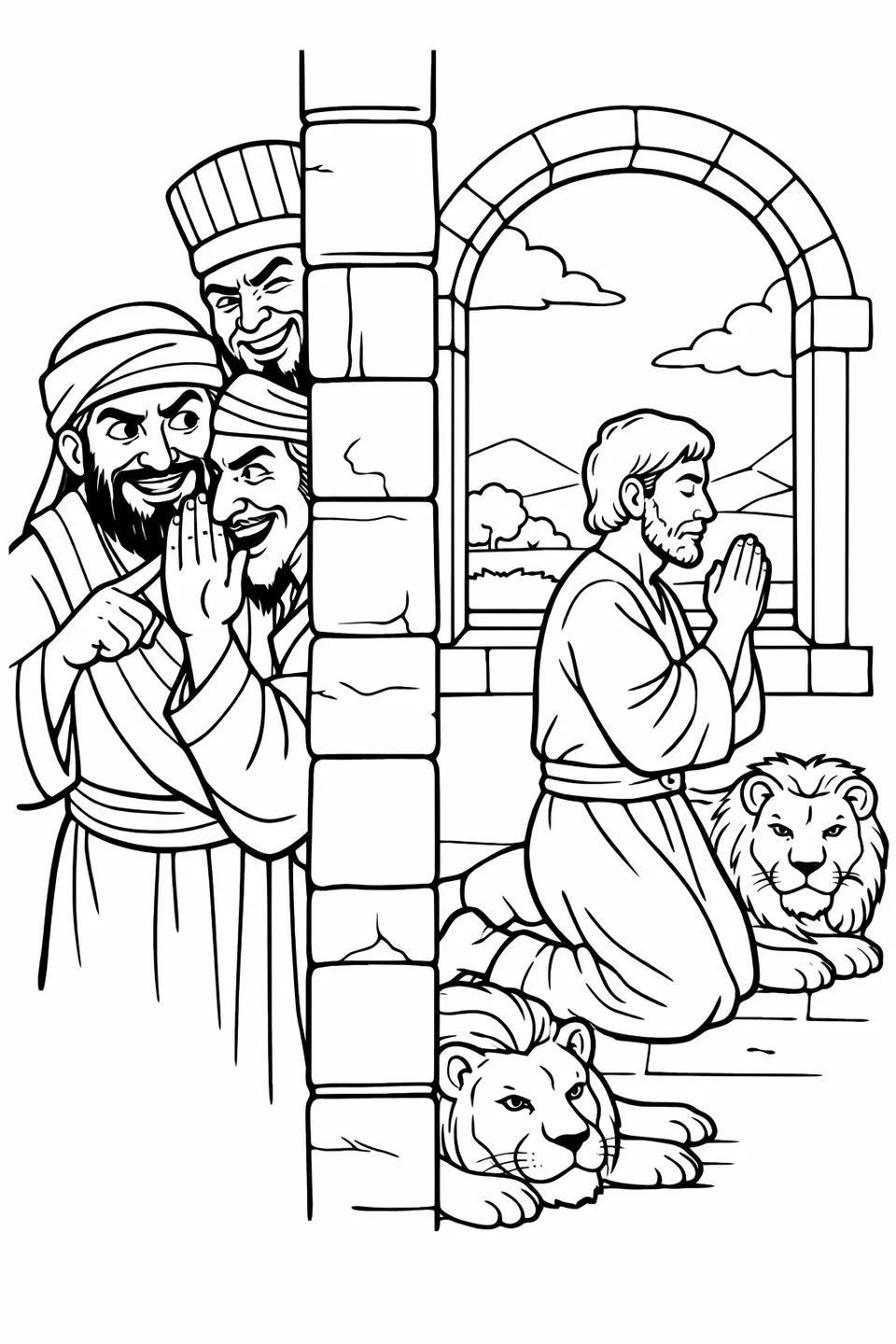 Three robed men hiding partially behind a stone pillar and watching a man praying at a window in the distance