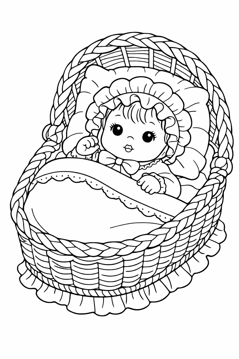Baby doll in a frilly bonnet lying in a wicker cradle with a blanket