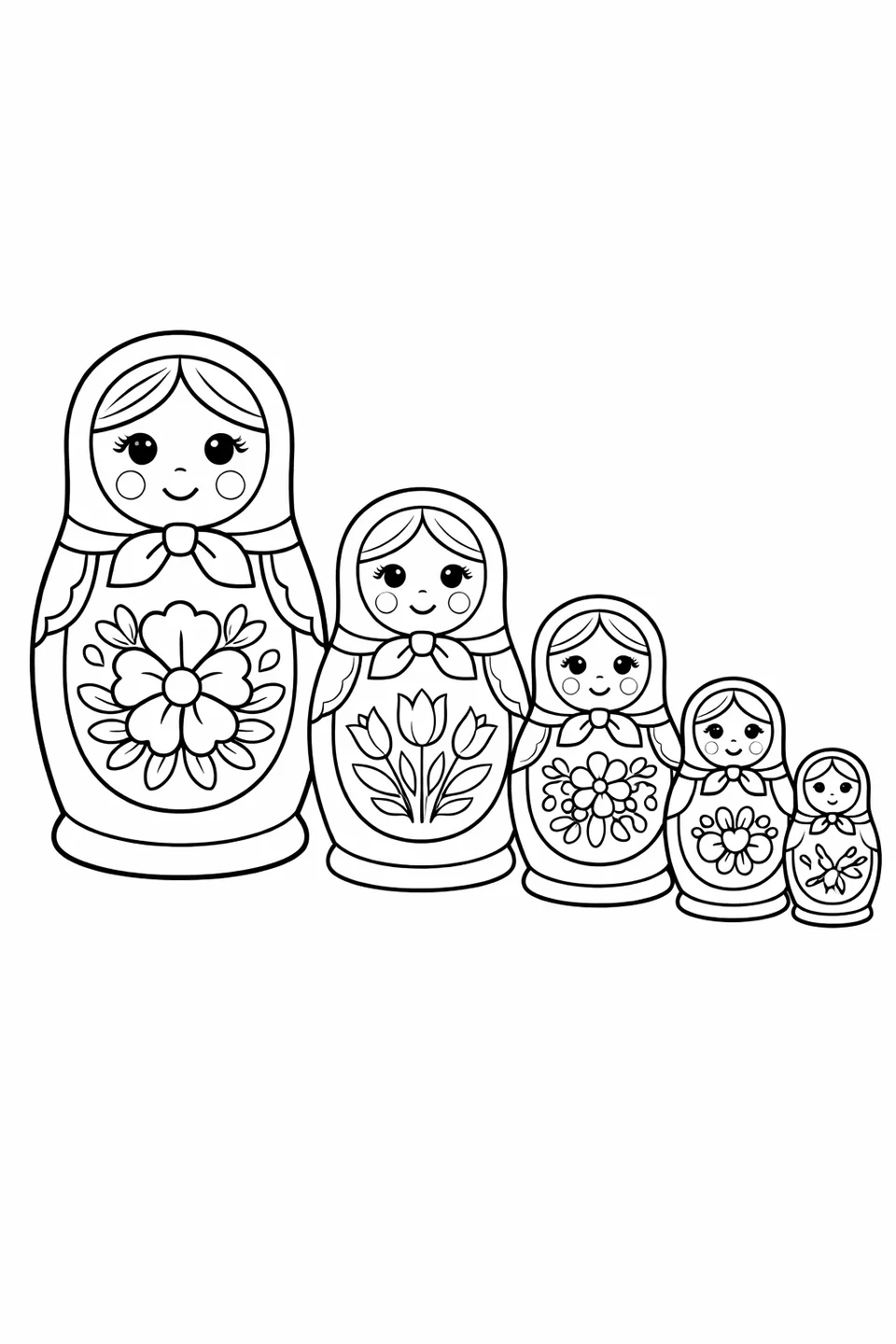 Five Russian nesting dolls in descending size, each with a headscarf and a floral patterned apron