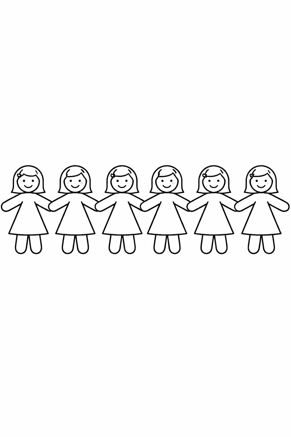 Paper doll chain of six connected figures with oval faces and triangle dresses holding hands
