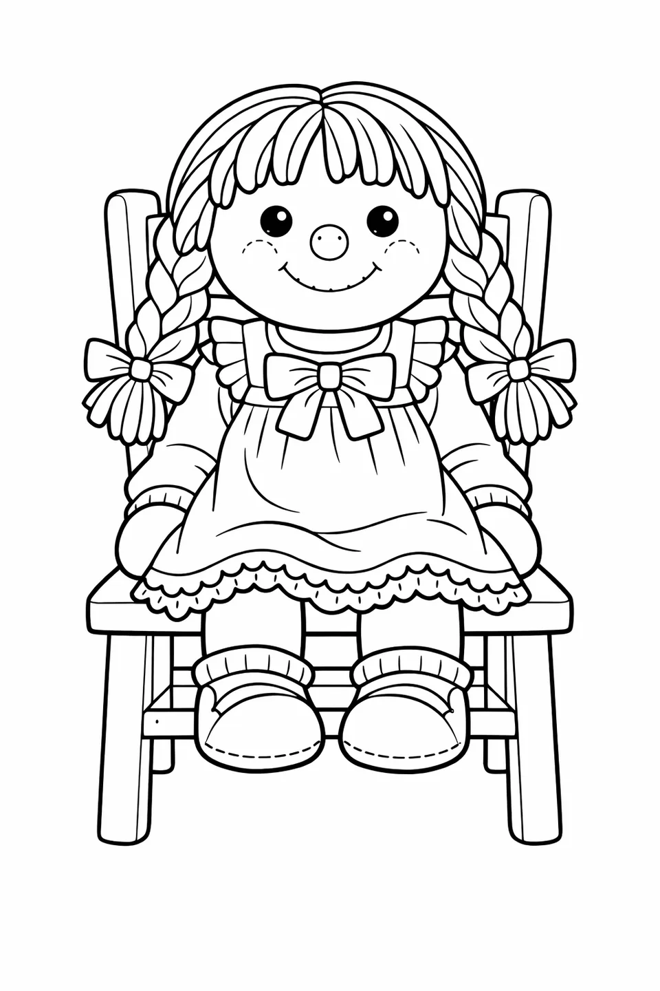 Cloth doll with braided fabric hair and a pinafore sitting on a wooden chair