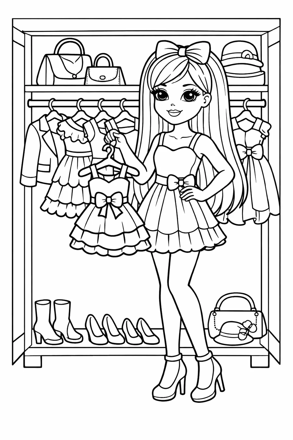 Fashion doll holding a miniature dress on a hanger in front of an open wardrobe with more clothes inside