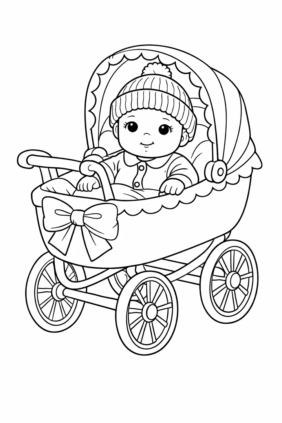 Baby doll in a knitted hat and sleeper suit sitting in a toy pram with a hood and spoke wheels