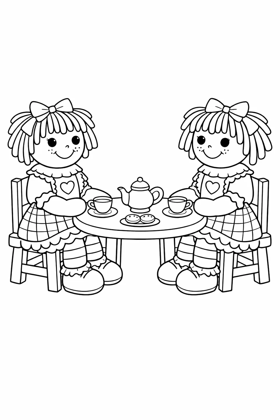 Two rag dolls in matching dresses sitting at a tiny table set with a teapot and cups