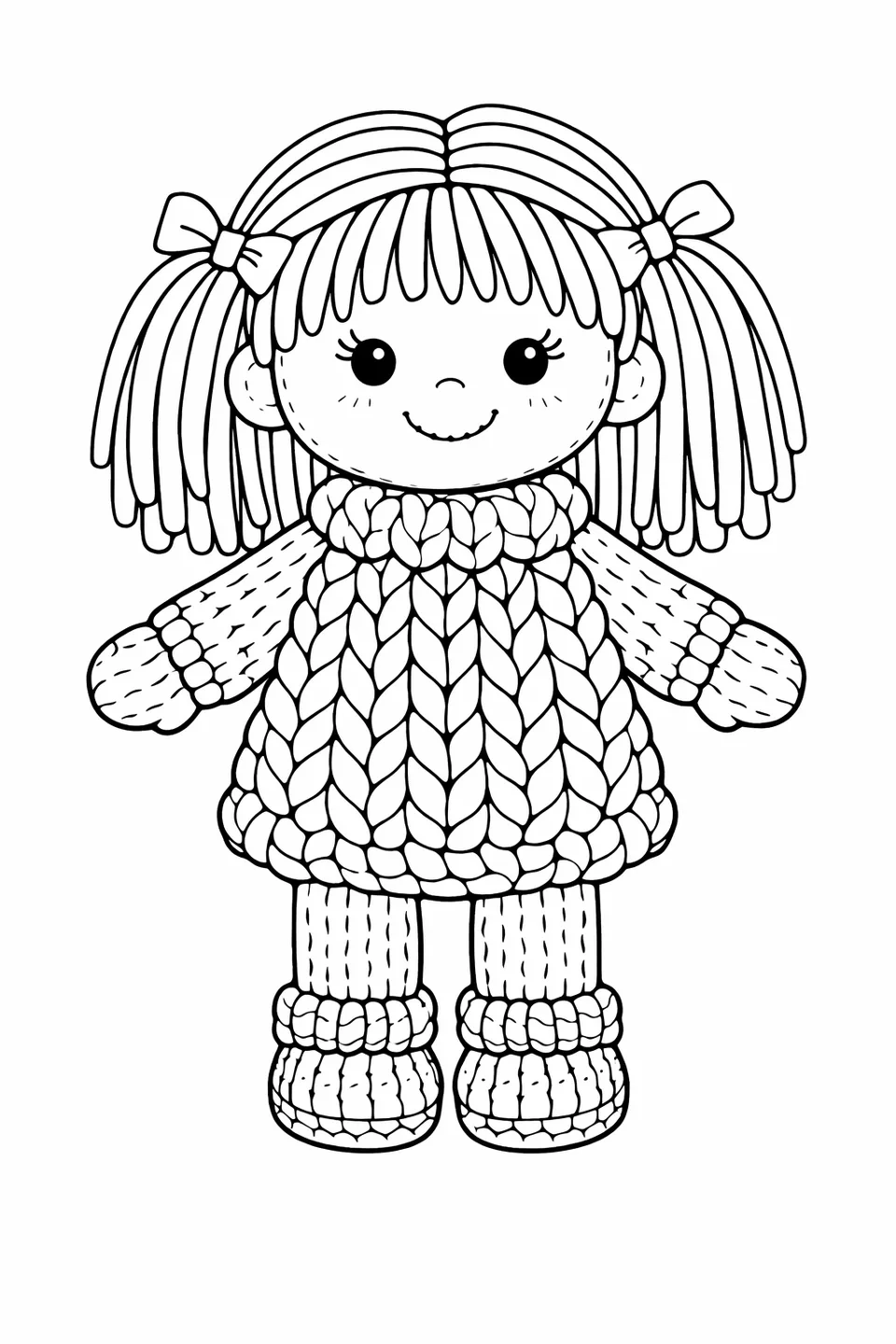 Knitted doll with yarn hair, embroidered facial features, a textured knit body, and small knitted shoes