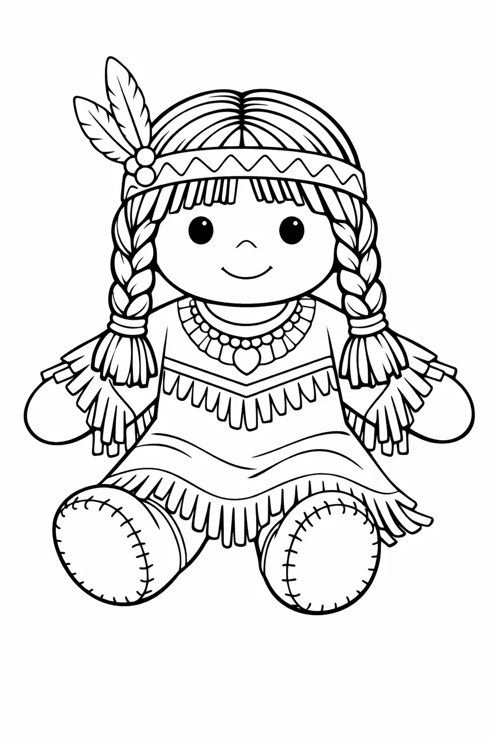 Cloth doll with braided black yarn hair wearing a fringed dress with geometric trim and moccasin-shaped feet