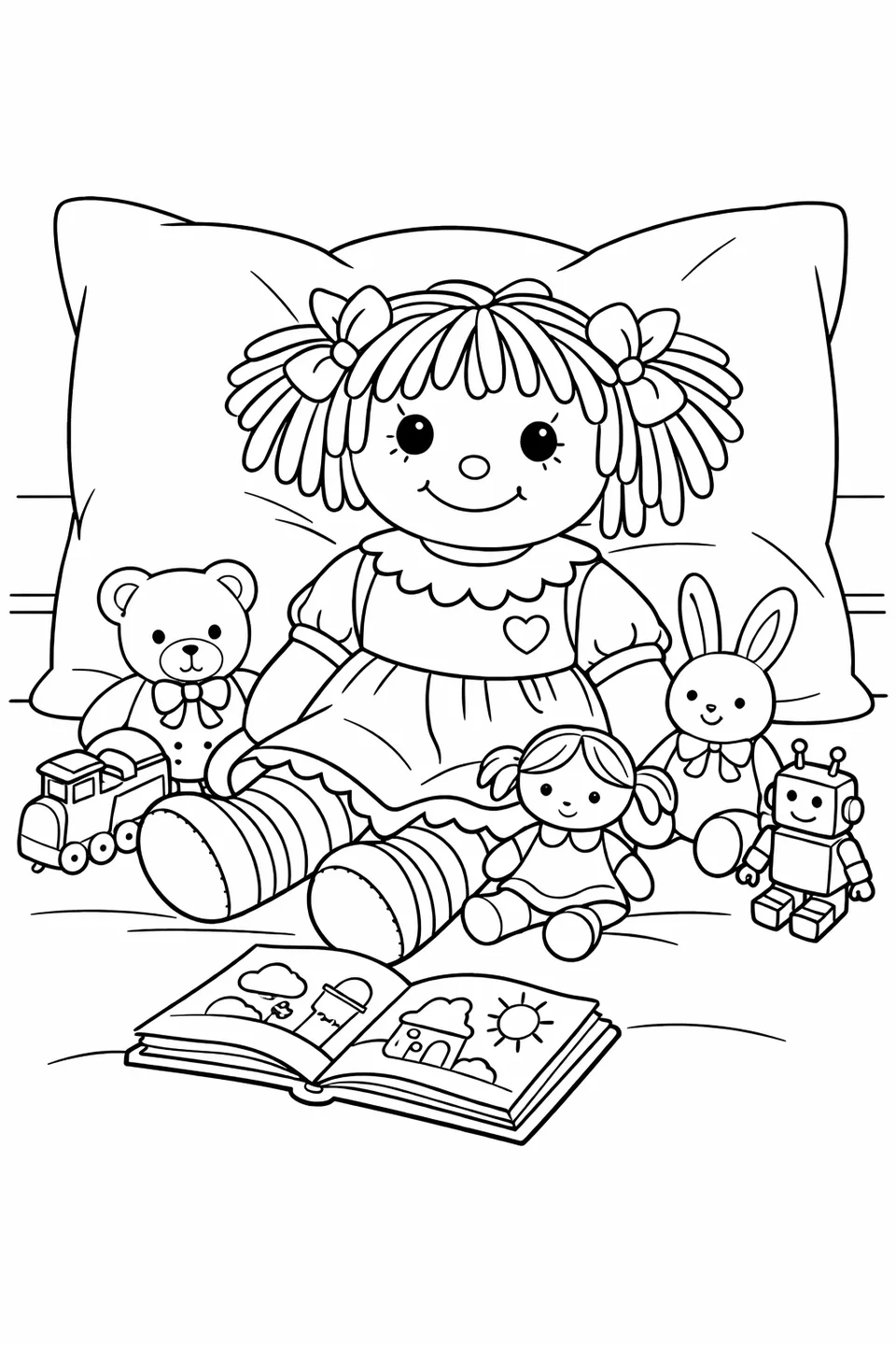 Large rag doll propped against a pillow on a bed surrounded by small toy figures and a picture book
