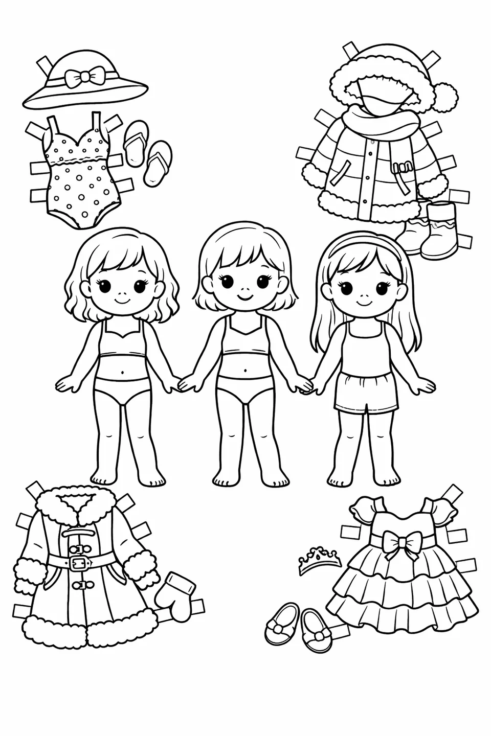 Three paper doll figures surrounded by tab cutout outfits including a swimsuit, winter coat, and party dress