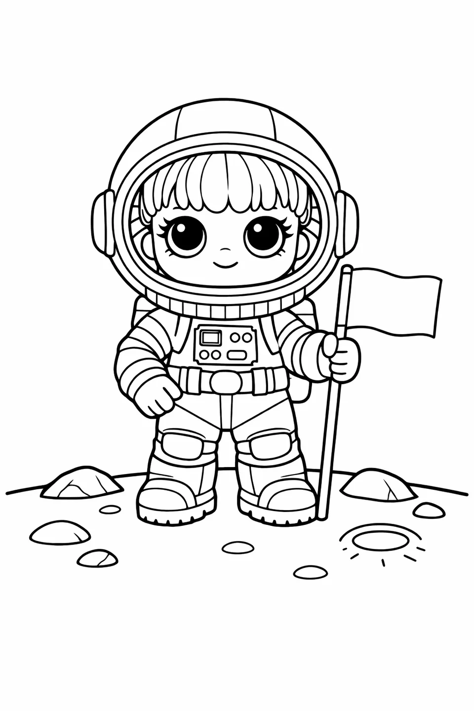 Doll in an astronaut suit with a round helmet and boots holding a small flag on a cratered surface
