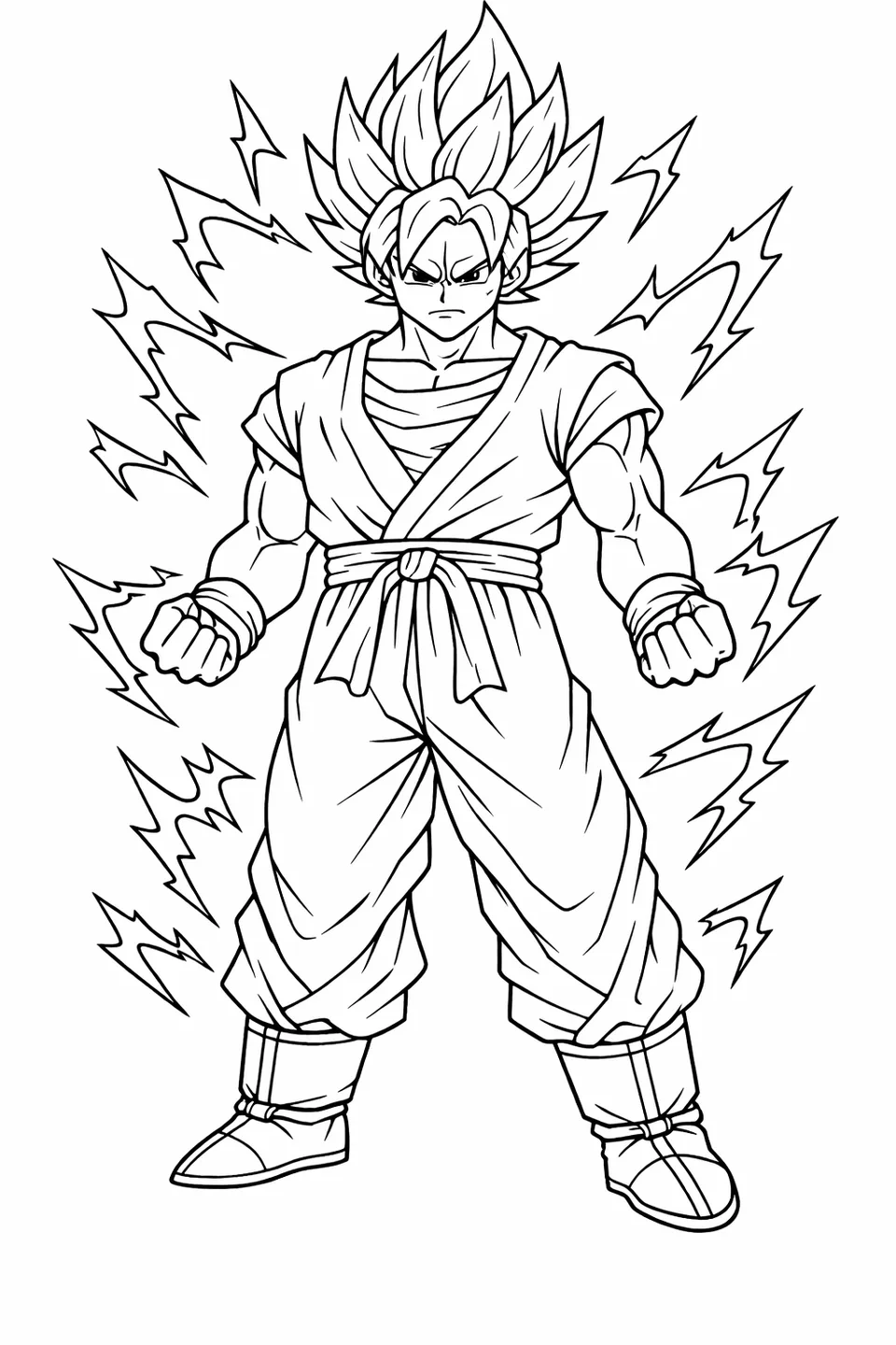 Goku in Super Saiyan form with spiky hair, orange gi, and energy aura, standing with fists clenched