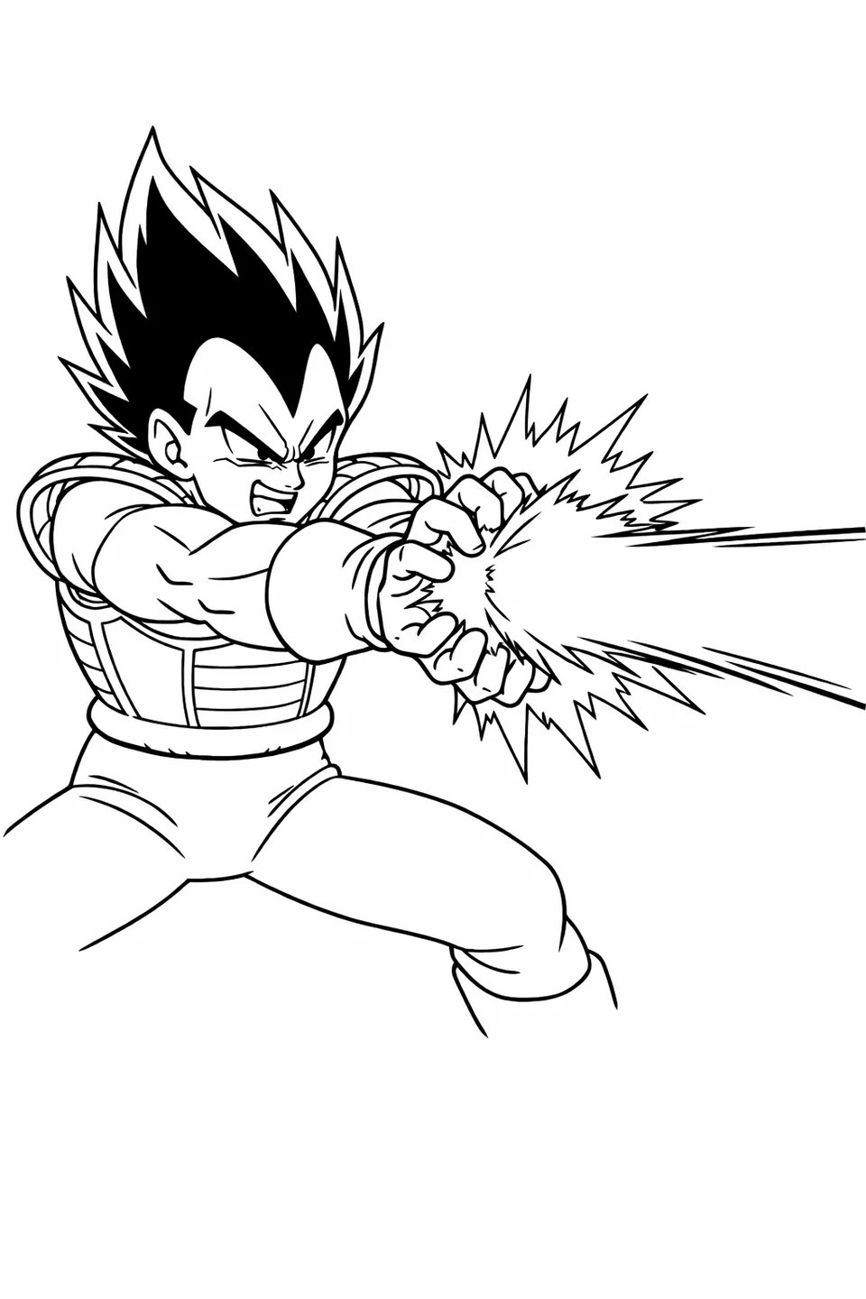 Vegeta in Saiyan armor firing a Galick Gun energy blast with both hands extended
