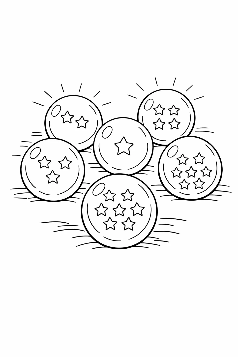 Seven Dragon Balls clustered together, each showing a different number of stars from one to seven