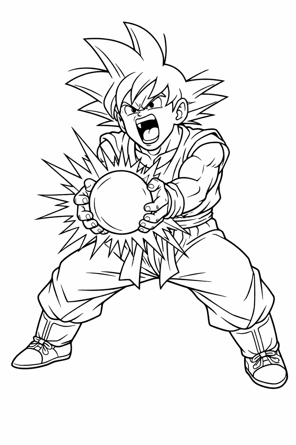 Goku in a wide stance charging a Kamehameha energy wave with both hands cupped at his side