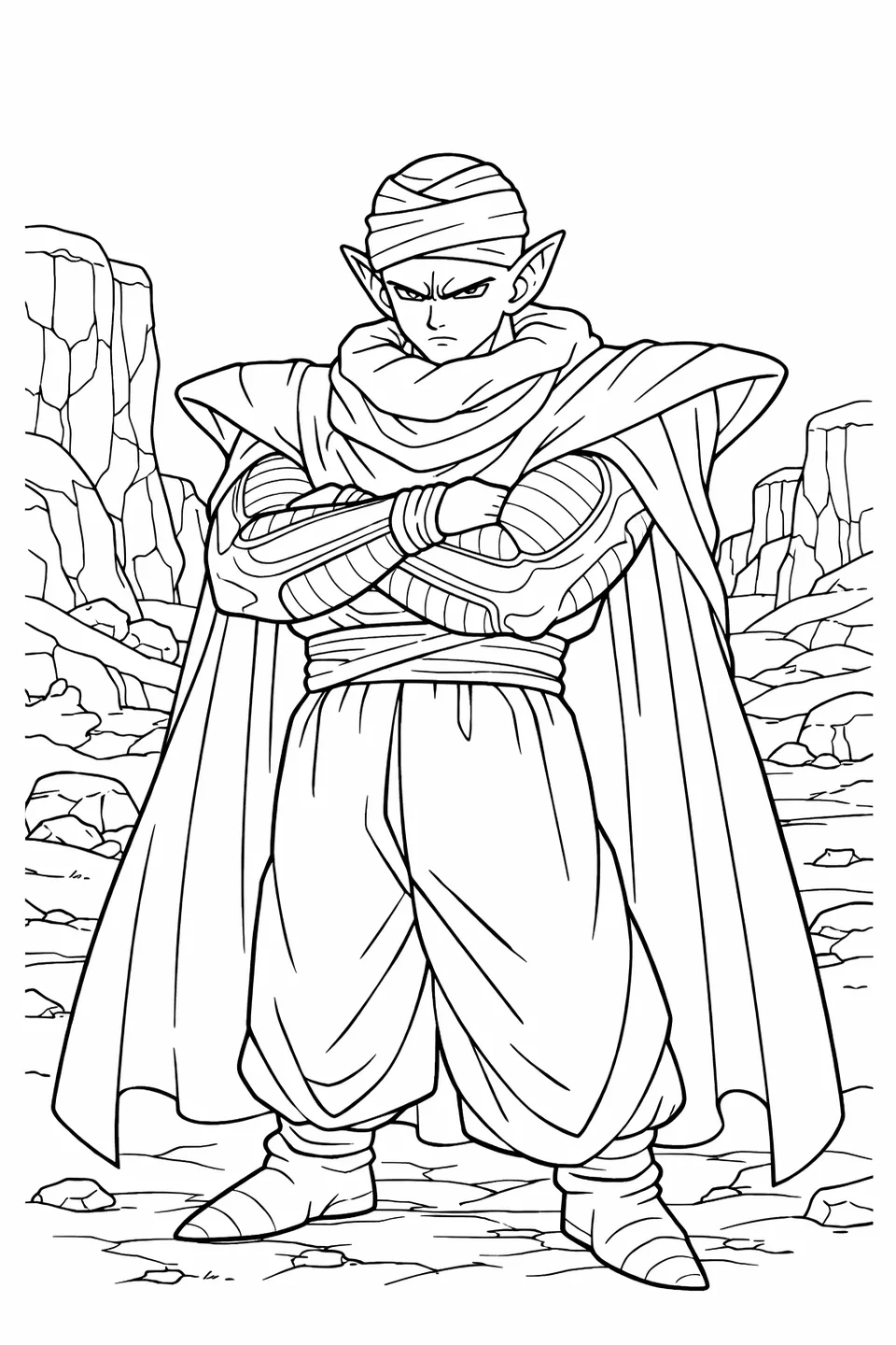 Piccolo standing with arms crossed, wearing his white turban and weighted cape, rocky canyon in the background