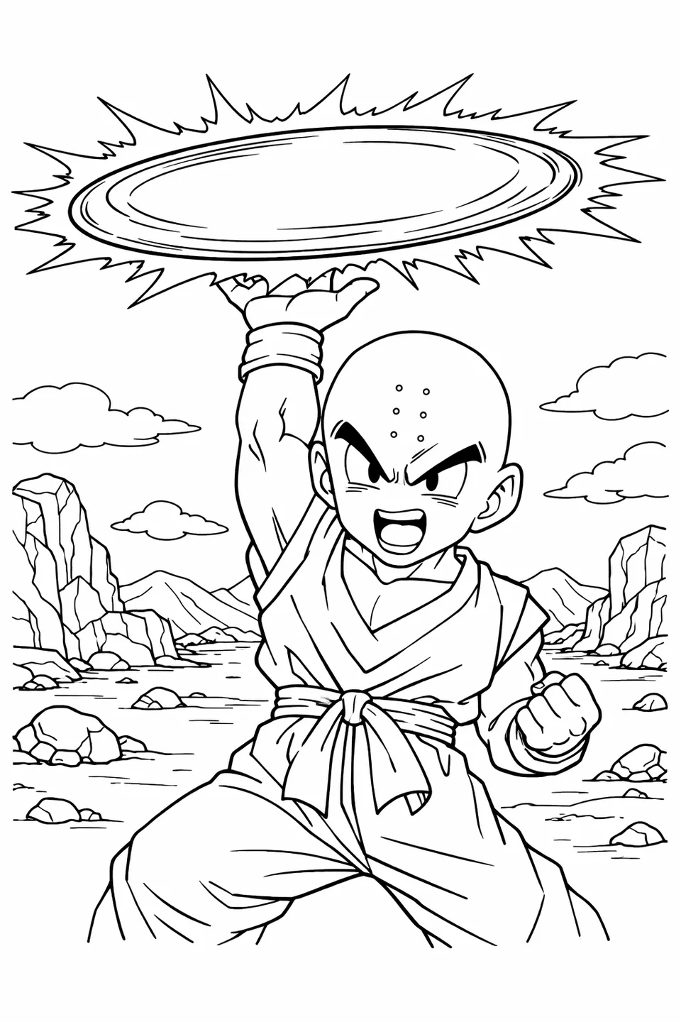 Krillin with one arm raised, a spinning Destructo Disc energy disc hovering above his open hand in a desert setting