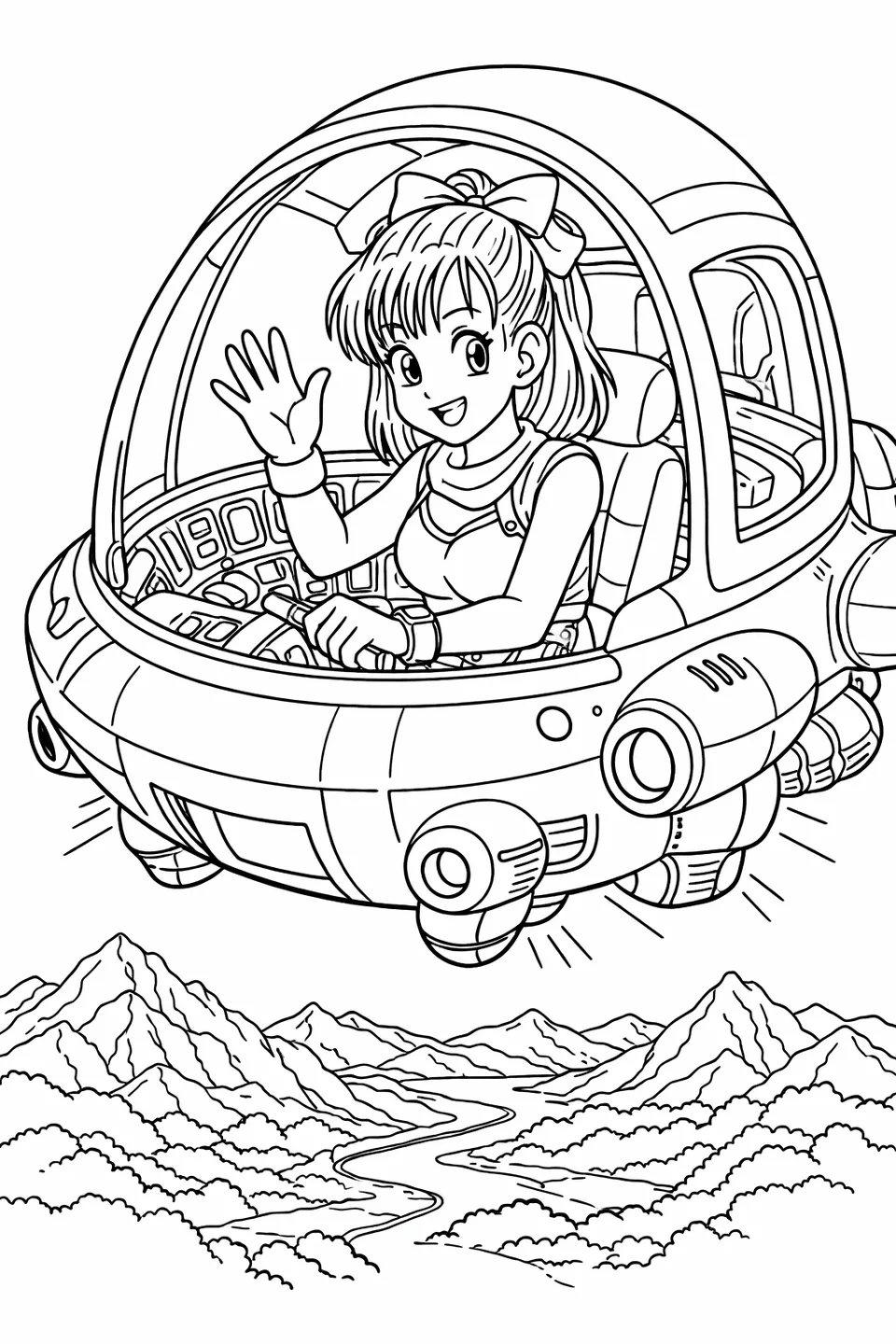 Bulma sitting in the cockpit of a small hovering aircraft, waving and smiling above a mountain landscape