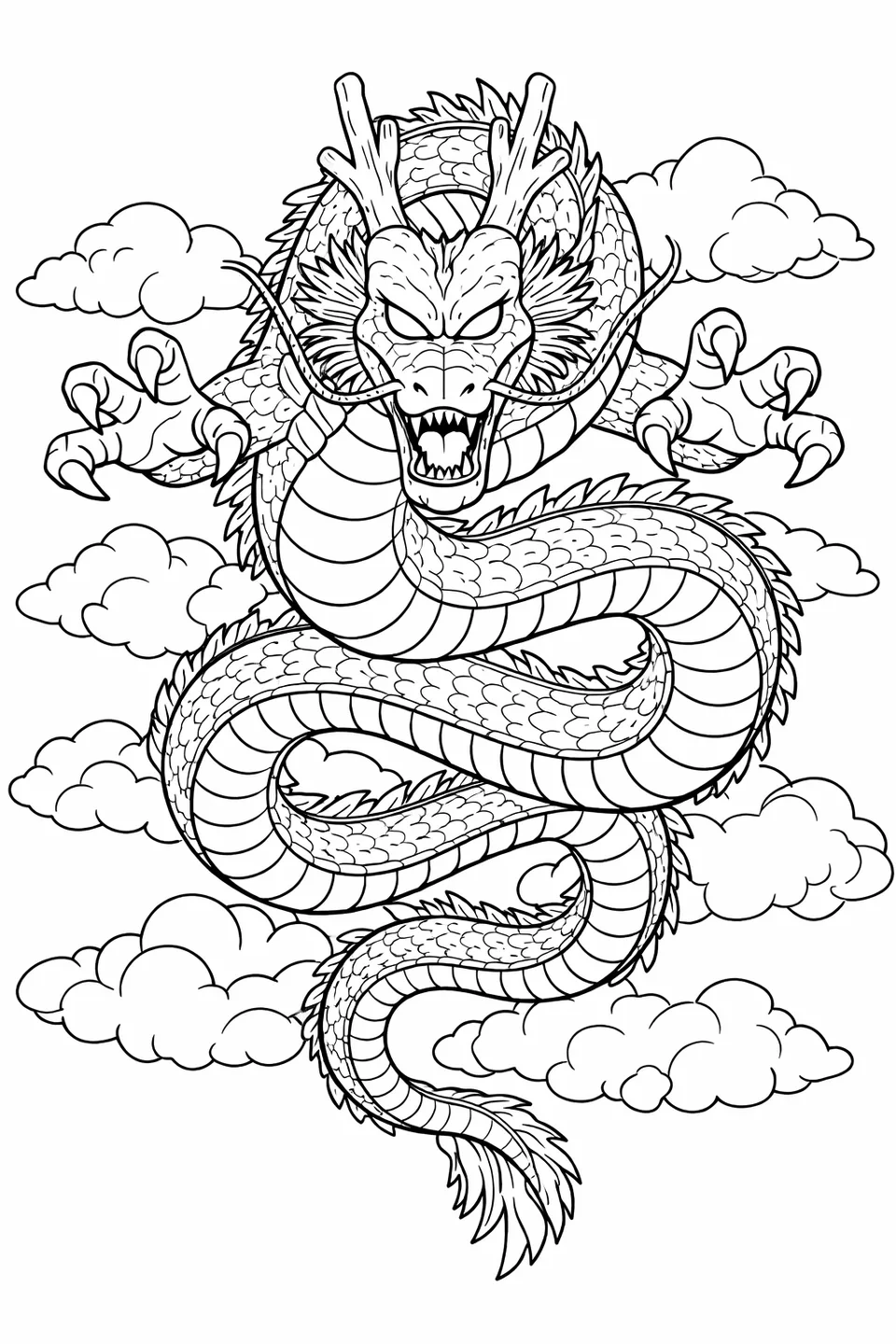 Shenron the eternal dragon coiling through dark storm clouds with front claws spread wide and glowing eyes