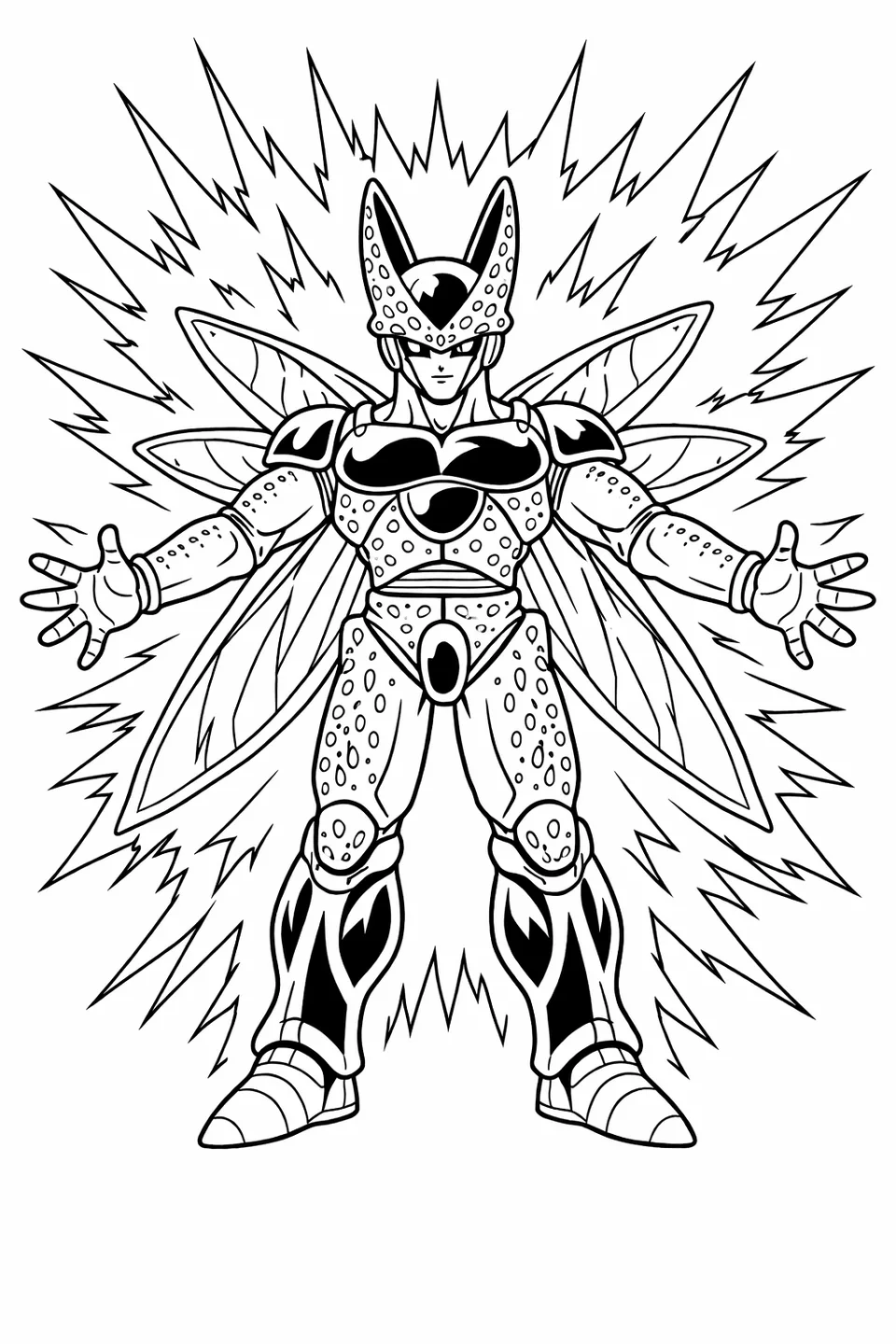 Perfect Cell standing with arms spread wide, insect wings visible on his back, and an energy aura surrounding him