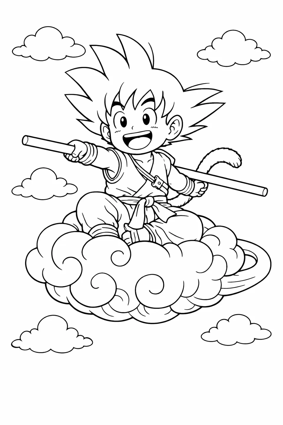 Young Goku sitting on the Flying Nimbus cloud with his Power Pole staff extended, grinning, surrounded by open sky