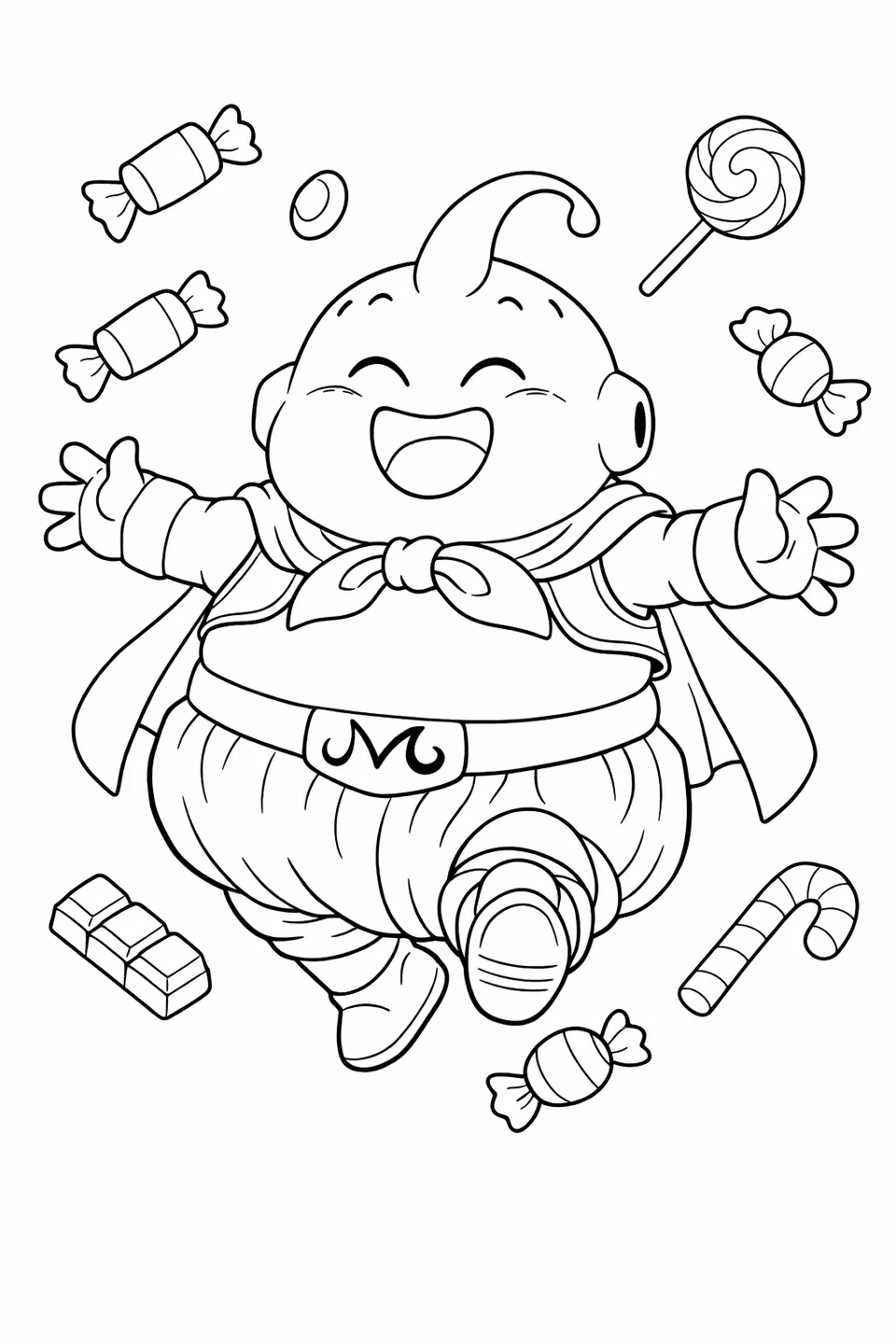Majin Buu bouncing with arms spread wide, antenna on head, and candy pieces floating around his pink round body