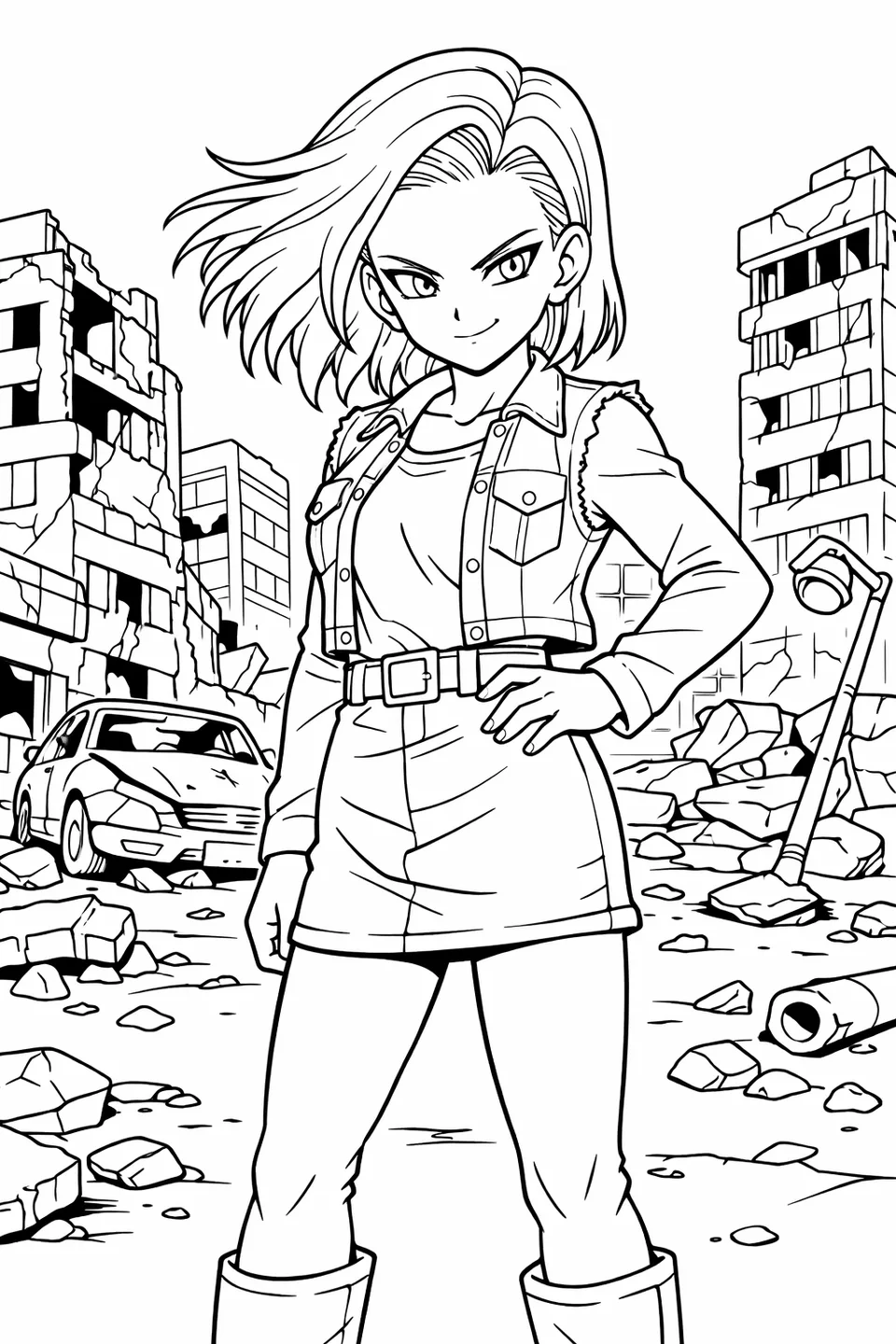 Android 18 standing with one hand on her hip, blonde hair blowing, amid a ruined city street with debris