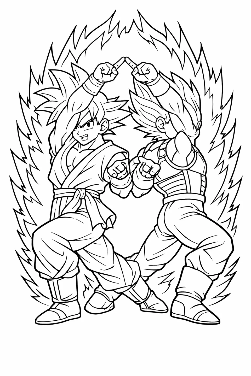 Goku and Vegeta standing back to back in the fusion dance pose, fingers raised overhead, both in Super Saiyan form