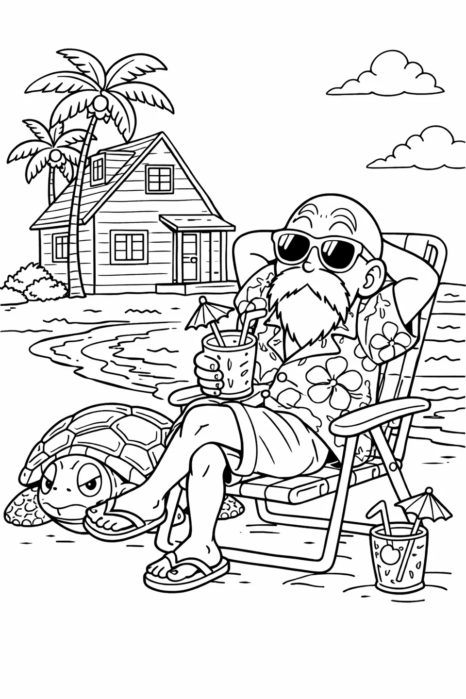 Master Roshi sitting in a beach chair outside Kame House wearing sunglasses, with a turtle beside him and the ocean in the background
