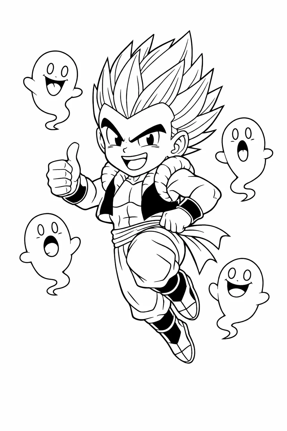 Gotenks flying with a thumbs up and wide grin, surrounded by floating ghost-shaped energy orbs