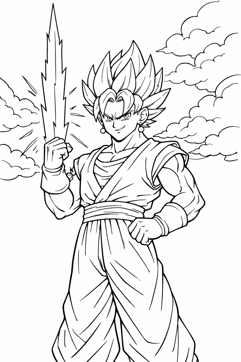 Vegito standing with a glowing energy Spirit Sword extending from his raised fist, wearing Potara earrings