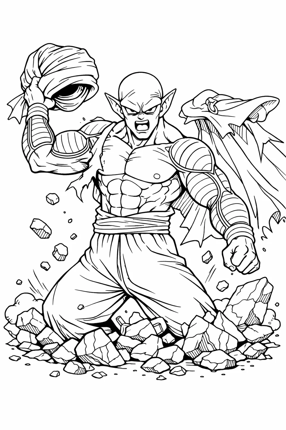 Piccolo throwing his weighted turban and cape aside, standing with his green muscular body revealed amid rocky rubble