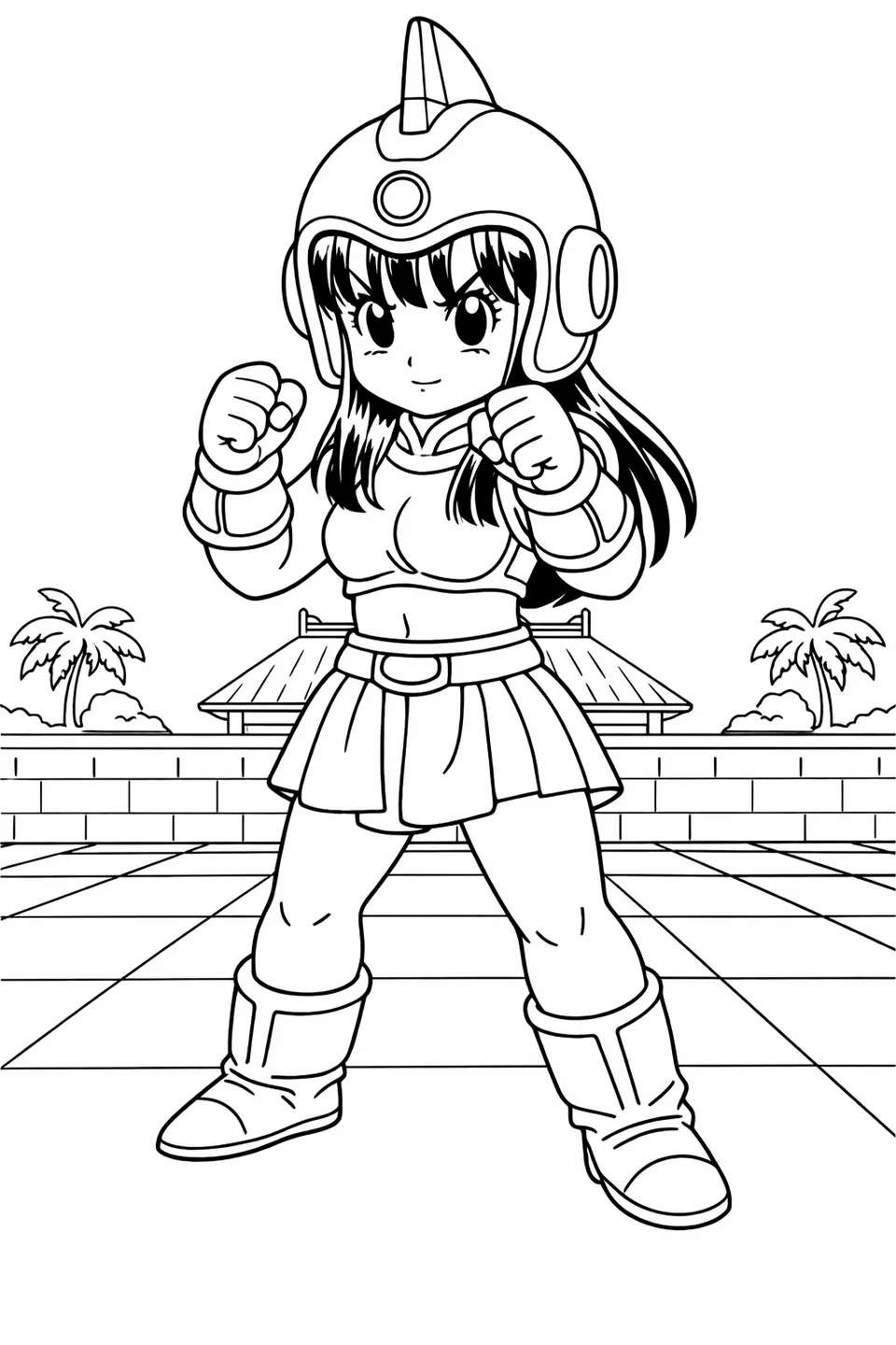 Chi-Chi in her warrior helmet and fighting outfit standing in a fighting stance on a World Martial Arts Tournament ring