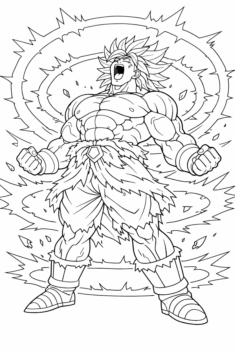 Broly in Legendary Super Saiyan form with massive muscles and wild hair, head thrown back roaring as energy shockwave rings expand around him