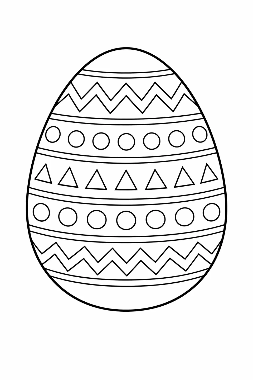Large Easter egg outline divided into horizontal stripe bands, each filled with a different repeating geometric motif