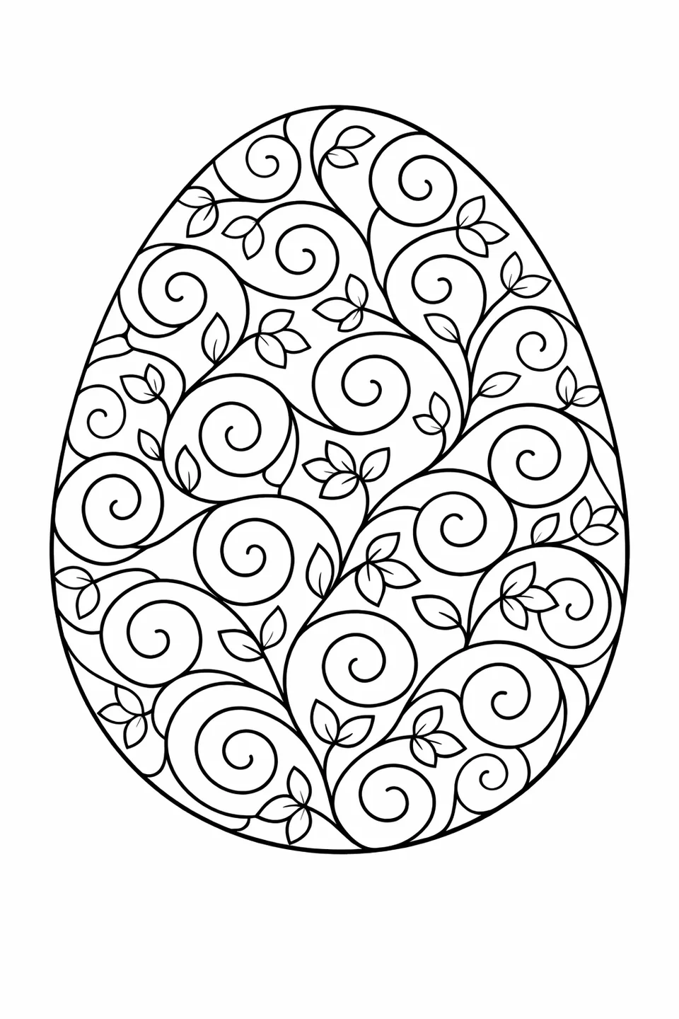 Easter egg outline filled with swirling vine spirals and small leaf clusters branching from each stem