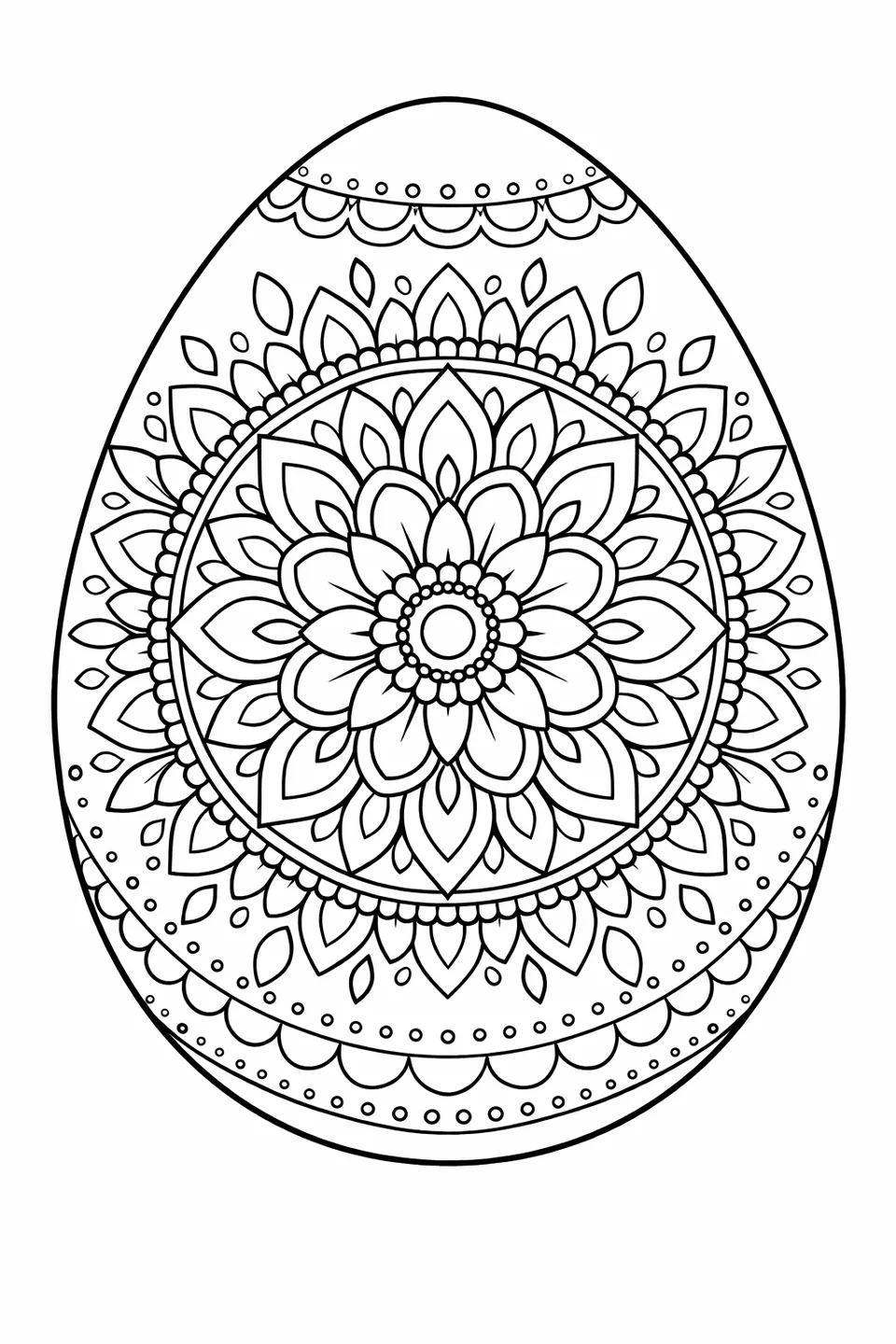 Easter egg outline containing a mandala design with a central flower surrounded by concentric rings of petals, teardrops, and dots