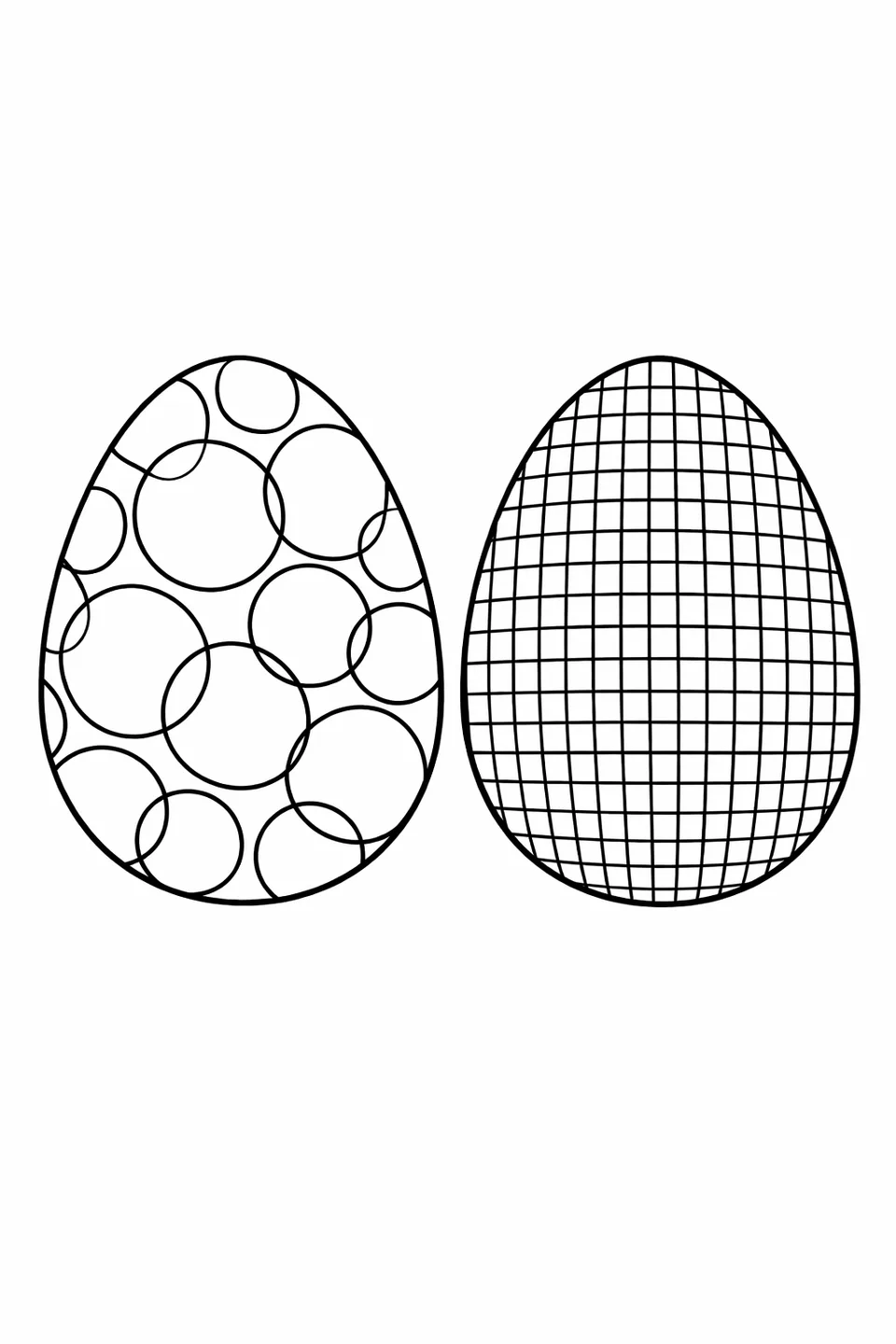 Two Easter egg outlines placed side by side, one with overlapping circle bubble pattern, one with crosshatch grid pattern