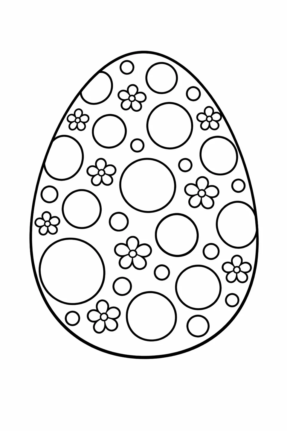 Easter egg outline covered in bold polka dots of varying sizes with small four-petal flowers placed in the spaces between dots