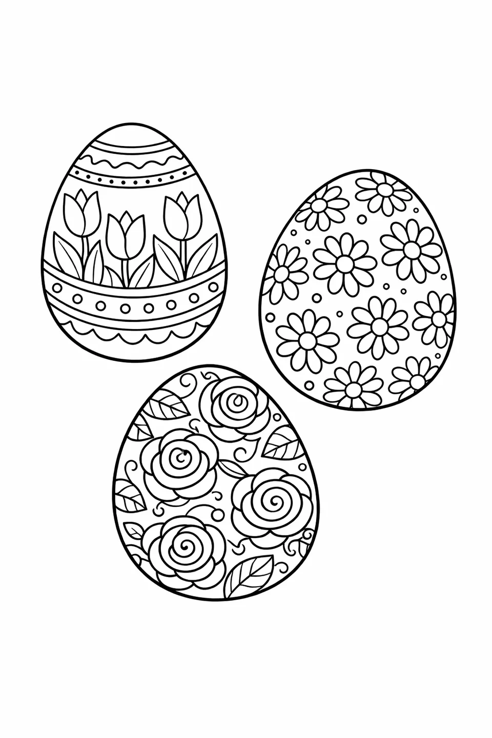 Three Easter egg outlines clustered together, one with tulip pattern, one with daisy pattern, one with rose spiral pattern