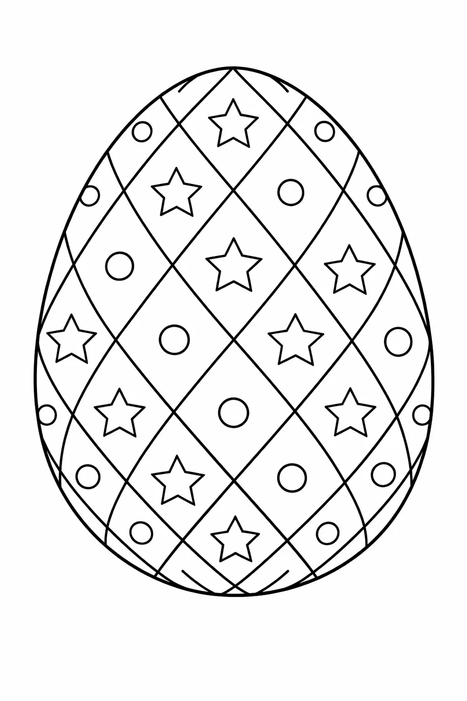 Easter egg outline divided into diamond sections by crossing diagonal lines, each diamond containing a small star or dot at the center