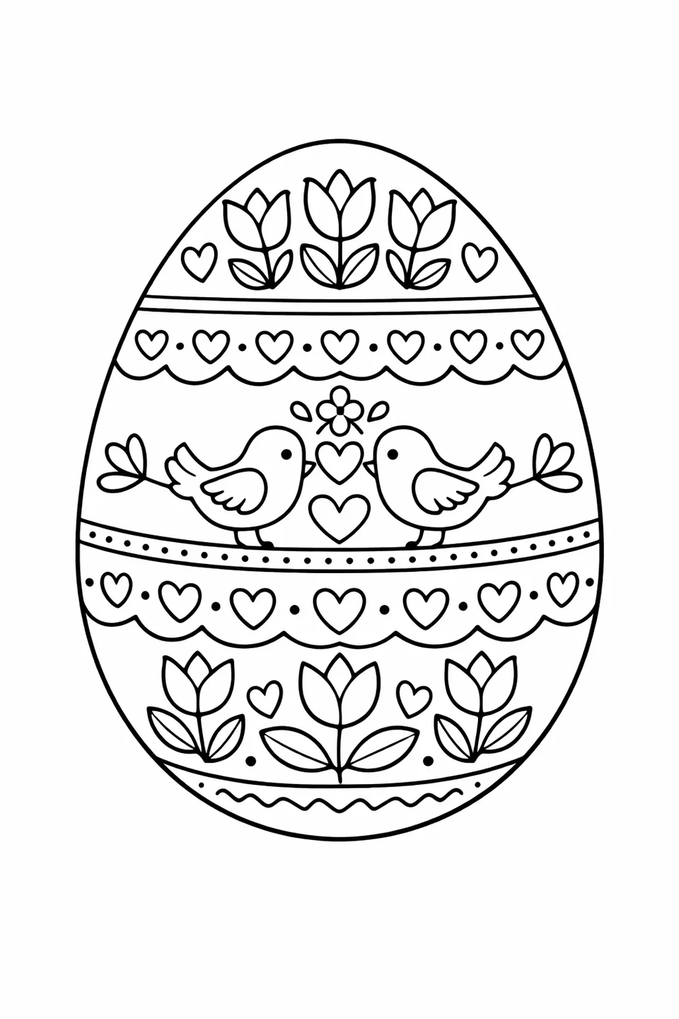 Easter egg outline with folk art style rows of tulips, hearts, and pairs of birds facing each other across a center dividing line