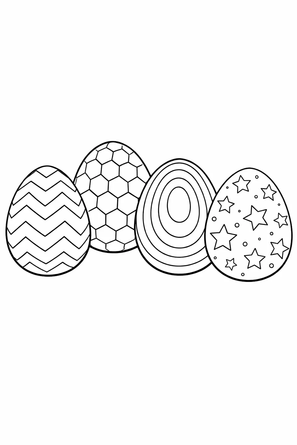 Four Easter egg outlines in a row at varying heights, each decorated with a different geometric pattern including chevron, honeycomb, oval rings, and stars