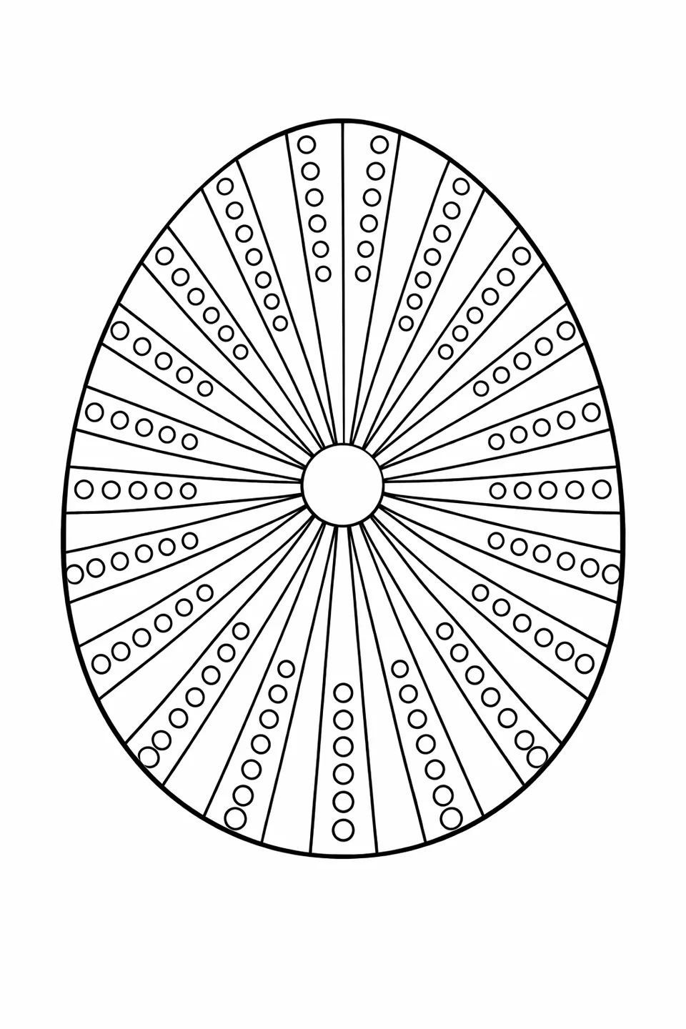 Easter egg outline with a sunburst design, thin lines radiating from center to edge with rows of small dots between each ray