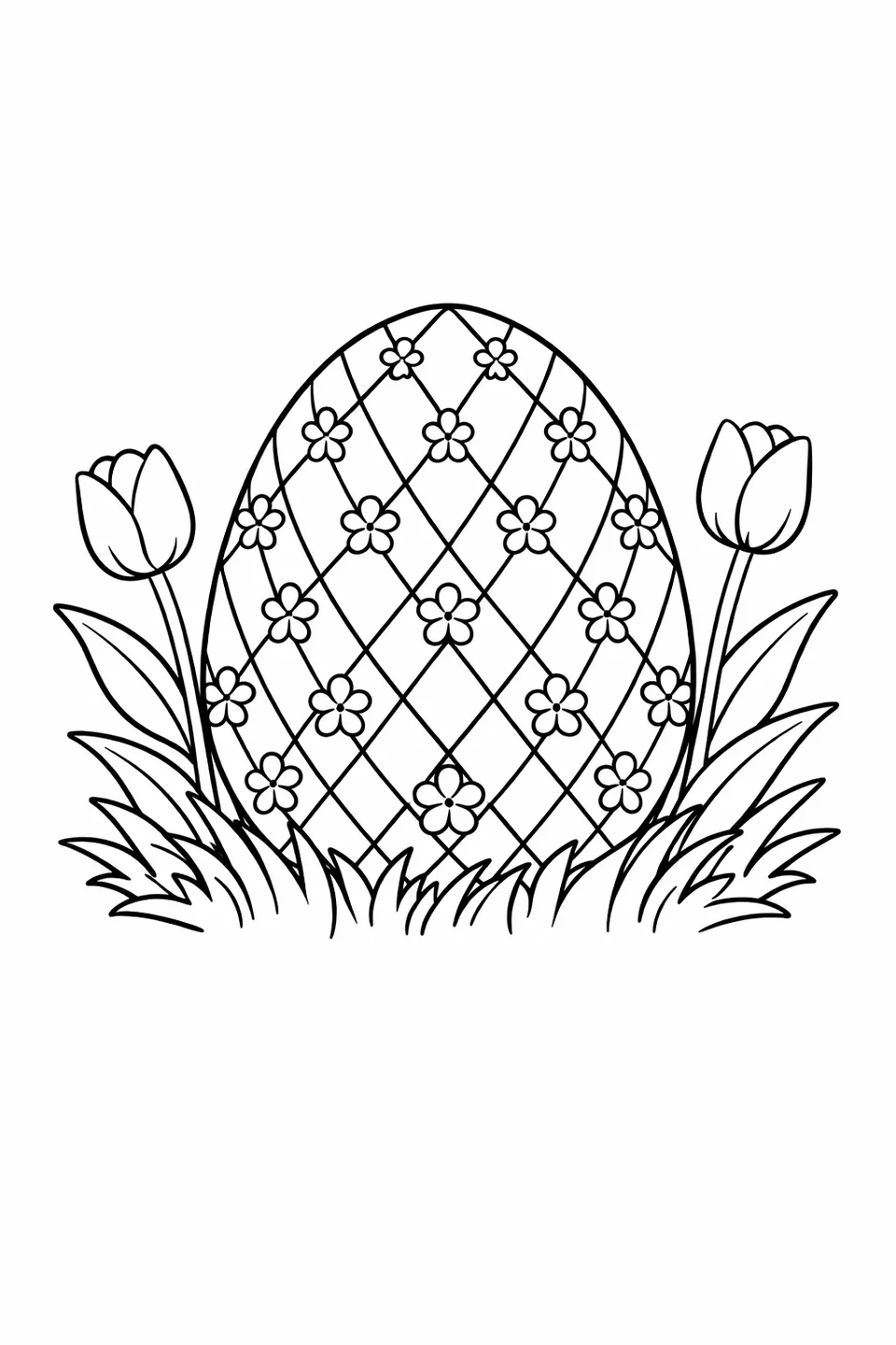 Easter egg resting in a patch of grass with two short tulips beside it, egg surface covered in diamond lattice pattern with small flowers at intersections