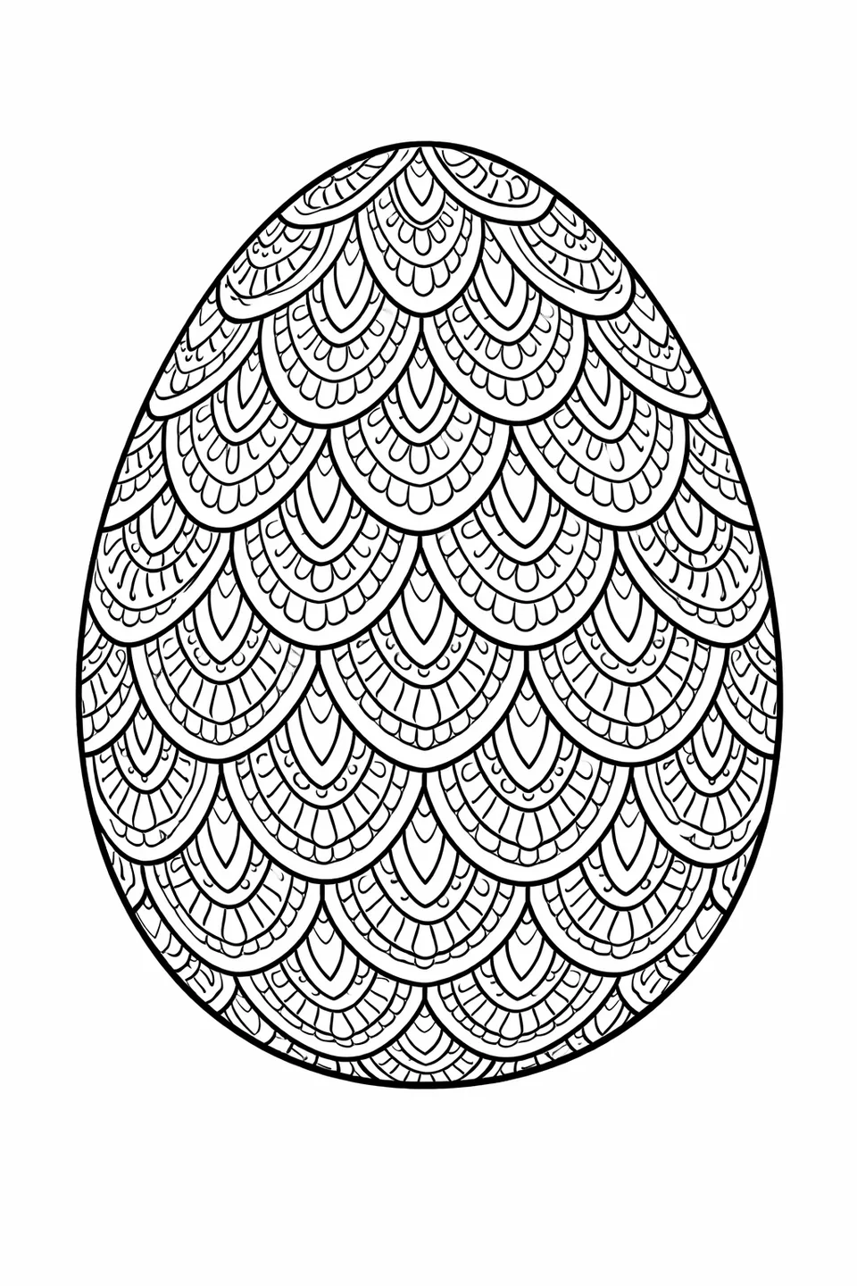 Easter egg outline covered in rows of overlapping paisley and feather shapes, each with interior detail lines